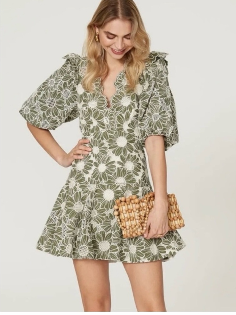 Sandro Olive & White Floral Eyelet Mini Dress